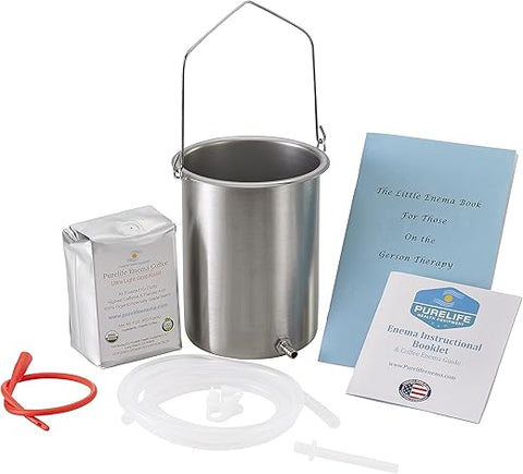 Purelife Enema - Kit de Enema de Café Detox Purelife – Fabricado nos EUA – 2 Qt / Qualidade Superior Não Tóxica Fabricada nos EUA / 1 lb de Café Enema Purelife Gold Roast Livre de Mofo – Tubulação de Silicone e Bico