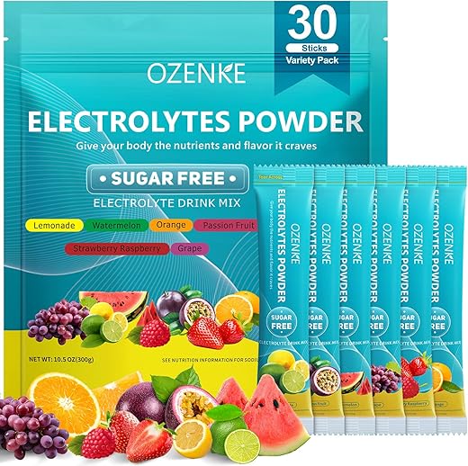OZENKE - Pacotes de Pó de Eletrólitos, 30 Sticks de Hidratação Sem Açúcar, Mistura de Bebida de Eletrólitos em Pó para Hidratação Rápida, 6 Sabores