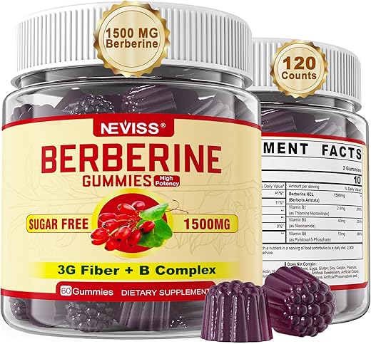 NEVISS - Berberine Gummy 1500mg | Suplemento de Berberina 3g com Fibra Prebiótica Inulina | Sem Açúcar | AMPK
