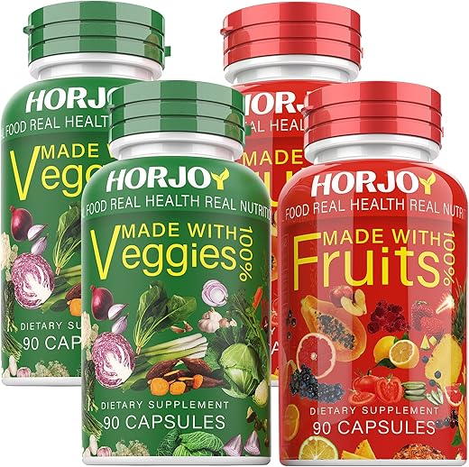 HORJOY - Nature Fruits and Veggies – Suplemento Alimentar Balanceado Nutricionalmente – 180 Cápsulas de Frutas e 180 Cápsulas de Vegetais (Pacote com 4)