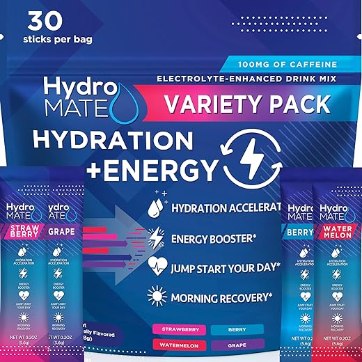 NatureWorks - Hidratante em Pó HydroMATE para Aceleração de Hidratação com Eletrólitos, Baixo Teor de Açúcar e Cafeína, Mix de Vitaminas C, Embalagem com 30 Sachês – Marca HydroMATE