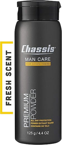 Premium: Pó Corporal para Homens, Desodorante Antifricção, Proteção contra Assaduras para Genitais, Virilha, Partes Íntimas e Glúteos, Ingredientes Naturais, Alternativa ao Talco, 100g - Chassis