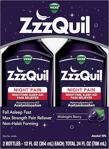 Alívio Noturno da Dor, Auxílio para Dormir Líquido, Máxima Força Analgésica, Não Causa Dependência 355 ml (Embalagem com 2 unidades) - ZzzQuil