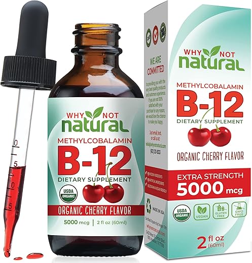 Why Not Natural - Vitamina B12 Líquida Orgânica Natural – Sublingual Extra Forte 60 x 5000 mcg Gotas de Metilcobalamina, Vegana, Máxima Absorção e Energia