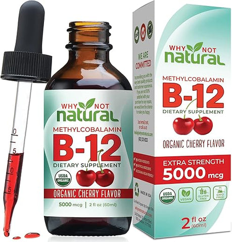 Why Not Natural - Vitamina B12 Líquida Orgânica Natural – Sublingual Extra Forte 60 x 5000 mcg Gotas de Metilcobalamina, Vegana, Máxima Absorção e Energia