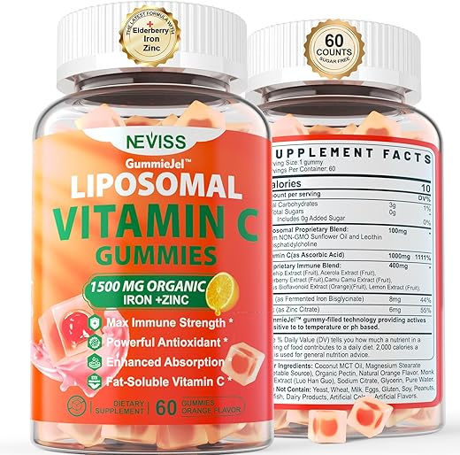 NEVISS - Vitamina C Lipossomal 1000mg Gomas para Adultos – Mastigável de Vitamina C 1500mg com Ferro 8mg, Zinco