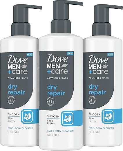 DOVE MEN + CARE - DOVE MEN CARE – Sabonete Líquido Facial e Corporal Advanced Care Dry Repair 3 Unidades para Pele Seca com Manteiga de Karité Suavizante 500ml