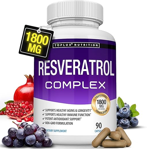 Toplux - Resveratrol 1800 mg – Complexo Antioxidante de Alta Potência com Trans-Resveratrol Natural para Envelhecimento Saudável, Suporte à Saúde Geral, Sistema Imunológico, Função Cerebral, para