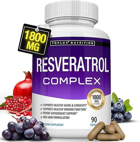 Toplux - Resveratrol 1800 mg – Complexo Antioxidante de Alta Potência com Trans-Resveratrol Natural para Envelhecimento Saudável, Suporte à Saúde Geral, Sistema Imunológico, Função Cerebral, para