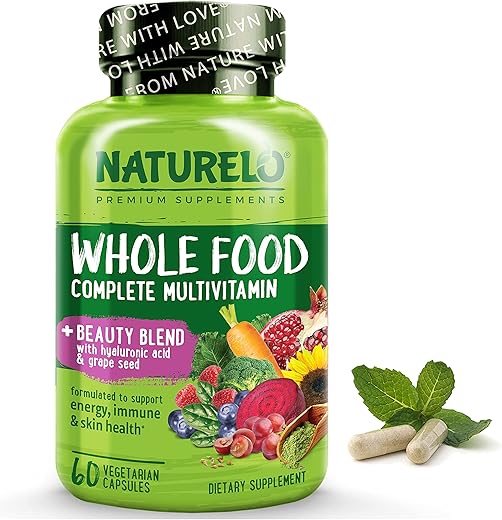 Multivitamínico de Alimentos Integrais com Suporte Extra para Cabelo, Pele e Unhas – Mistura de Beleza com Ácido Hialurônico - NATURELO