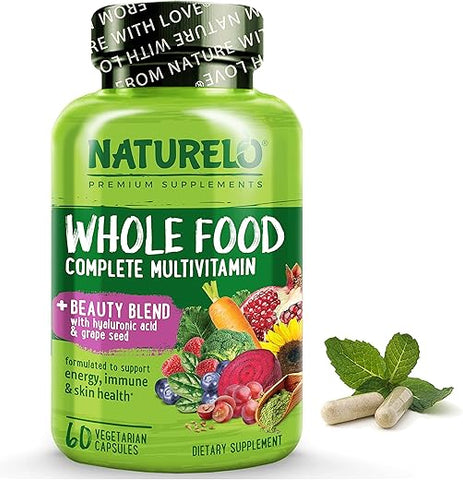 Multivitamínico de Alimentos Integrais com Suporte Extra para Cabelo, Pele e Unhas – Mistura de Beleza com Ácido Hialurônico - NATURELO