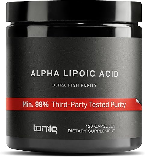 1000mg Cápsulas de Ácido Alfa Lipoico de Ultra Alta Potência – 99% USP Puro – 120 Cápsulas de Suplemento ALA - Toniiq