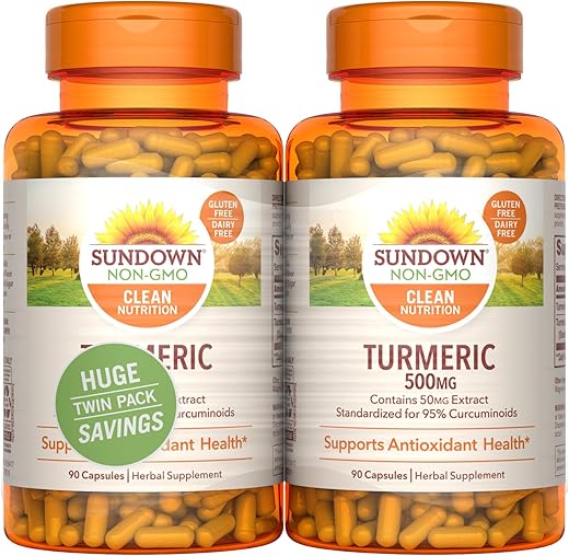 Suplemento de Cúrcuma, 500 mg, Suporte à Saúde Antioxidante, Duplo Pack, 180 Cápsulas - Sundown