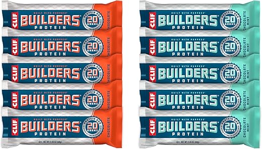 CLIF BUILDER'S - CLIF Builders – Pack Variado de Barras de Proteína à Base de Plantas – Chocolate Menta e Chocolate – Sem Glúten – Não-OGM – Baixo Índice Glicêmico – 20g Proteína – 68g (10 Unidades)