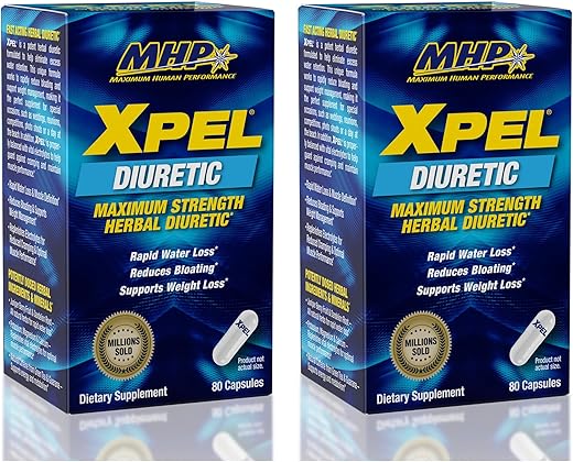 Maximum Human Performance - MHP Xpel – Cápsulas Diuréticas de Máxima Potência, 80 Unidades (Pacote com 2) (Embalagem Pode Variar)