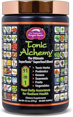 Tonic Alchemy: Pó de Super Alimentos com 91 Ingredientes – Ervas Tônicas, Ashwagandha, Cogumelos, Probióticos, Super Verdes, Algas Marinhas, Frutas, Vegetais, Spirulina – 500g - Dragon Herbs