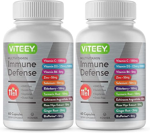 Viteey - 11 em 1 Suplemento de Defesa Imunológica – Cápsulas Potencializadoras de Imunidade para Adultos – Vitamina C, Vitamina D3, Vitamina B6, Zinco, Sabugueiro, Equinácea, Cúrcuma, Rosa-MOSQUETA