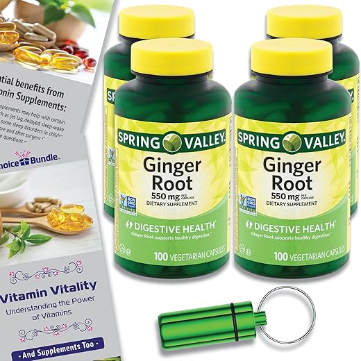 ChoiceBundle - Spring Valley Cápsulas de Suplemento Digestivo de Raiz de Gengibre 550 mg 100 Ct 4 pk Pacote Escolha (400 Total) Guia “Vitalidade Vitamínica” e Recipiente de Comprimidos (6 Itens)