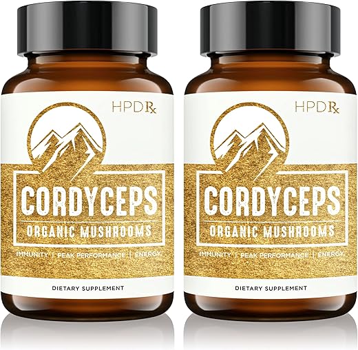 HPD Rx - Cordyceps Mushroom Extract Premium Orgânico para Energia, Resistência e Imunidade | 2250 mg, 240 Cápsulas, Pacote com 2 | Marca em Destaque