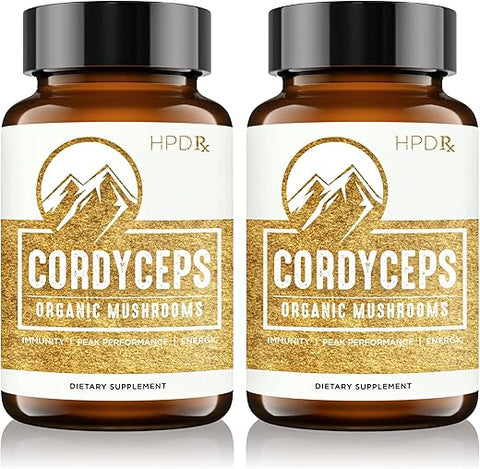 HPD Rx - Cordyceps Mushroom Extract Premium Orgânico para Energia, Resistência e Imunidade | 2250 mg, 240 Cápsulas, Pacote com 2 | Marca em Destaque