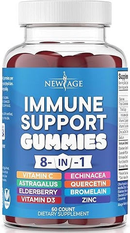 NEW AGE - 8 em 1 Suplemento Reforço Imunológico com Sabugueiro, Vitamina C e Zinco 50mg, Vitamina D 5000 UI, Cúrcuma Curcumina