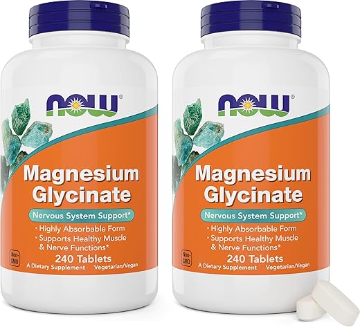 NOW Foods - Now Foods Magnesium Glycinate – 240 Tablets (Pack of 2) – Suporte para Funções Musculares e Nervosas Saudáveis – Não-OGM