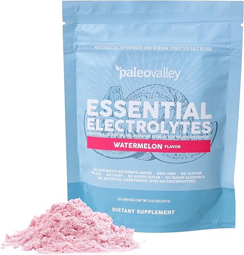 Essential Electrolytes Powder – Pó de Eletrólitos de Melancia de Espectro Completo para Hidratação, Energia e Recuperação Muscular – Sem Adição de Açúcar – 28 Porções - Paleovalley