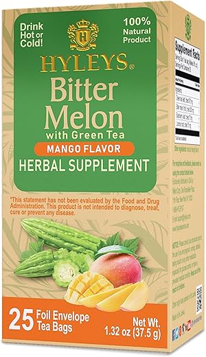 HYLEYS - Hyleys Bitter Melon com Chá Verde – Sabor Manga – 25 Saquinhos de Chá – Favorece a Saúde do Fígado – Suplemento Herbal – (6 Pacotes – 150 Saquinhos de Chá no Total)