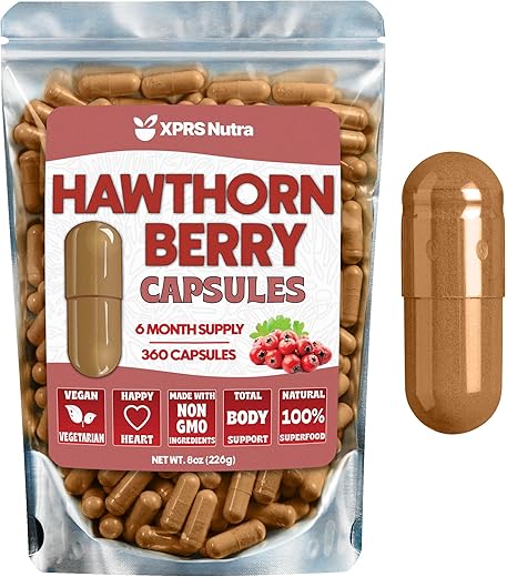 XPRS Nutra - Cápsulas de Pó de Espinheiro Branco – 360 Unidades (6 Meses de Suprimento) – Cápsulas Premium de Espinheiro Branco para Suporte Cardiovascular – Pó de Espinheiro Branco – Um Suplemento de Espinheiro Ideal