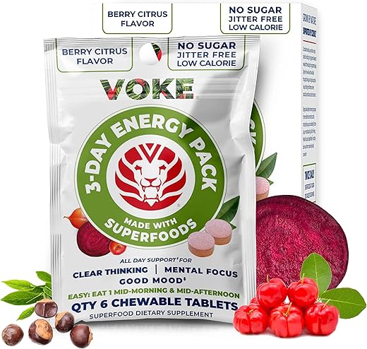 ENERGY TABLETS – Comprimidos Mastigáveis Superfood de Foco Rápido, Portáteis de Bolso, Embalagem Reselável, Vitamina C, Suporta Concentração, Memória, Pensamento Claro e Bom Humor - Voke