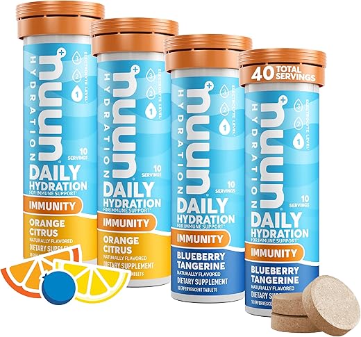 Hydration – Tabletes de Eletrólitos com Vitamina C 200mg, Sabor Mirtilo Tangerina Laranja Cítrica, 4 Pacotes (40 Porções) - Nuun