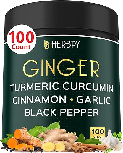 Herbpy - Suplemento de Gengibre 5 em 1 7550mg com Canela do Ceilão, Curcumina de Açafrão-da-terra e Alho Bulbo – Marca em Destaque