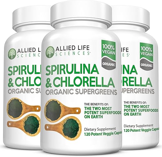 Allied Life Sciences - Allied Life Spirulina e Chlorella | Cápsulas de Superfood Verde em Pó de Proteína Vegana e Clorofila Orgânica | Suporte Natural ao Sistema Imunológico (Pacote com 3 Frascos)