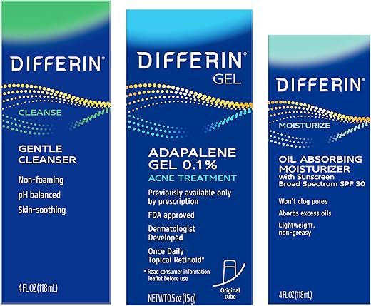 Conjunto de Cuidados com a Pele Differin, Gel Differin Regime de 3 Passos, Tratamento para Acne, Protetor Solar FPS 30 para o Rosto, Limpeza Facial, para Pele Sensível Propensa a Acne