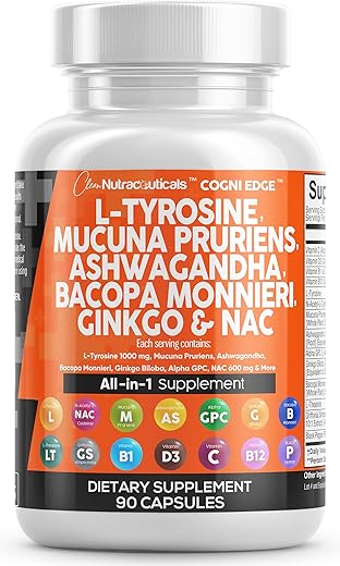 L-Tyrosine 1000mg Mucuna Pruriens 6000mg Bacopa Monnieri 500mg Ashwagandha 4000mg Focus Supplement com N-Acetil Cisteína 600mg NAC 5-HTP Ginkgo Biloba Alpha - Clean Nutraceuticals