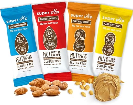 Barras de Proteína Vegetal Limpa, com Manteiga de Nozes Natural, Orgânicas e Deliciosas, Substituto de Refeição, Livre de Glúten, Soja e Laticínios, 10g de Proteína - Super Pop Snacks