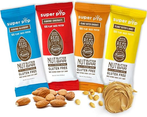 Barras de Proteína Vegetal Limpa, com Manteiga de Nozes Natural, Orgânicas e Deliciosas, Substituto de Refeição, Livre de Glúten, Soja e Laticínios, 10g de Proteína - Super Pop Snacks