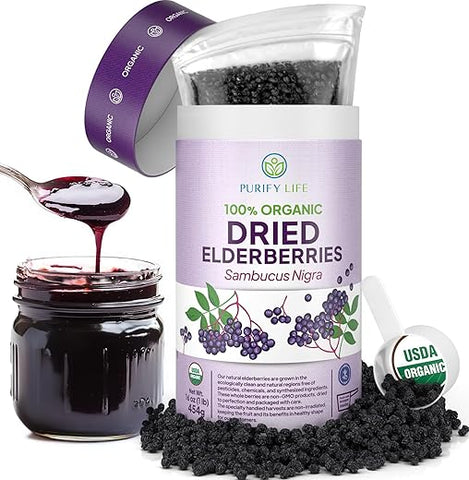 Purify Life - Elderberries Orgânicas Secas USDA 454g a Granel (Embalagem Segura, Saco Reselável, Colher Livre de BPA) Natural, não irradiada, Sambucus Preto Inteiro Cru para Suporte Imunológico