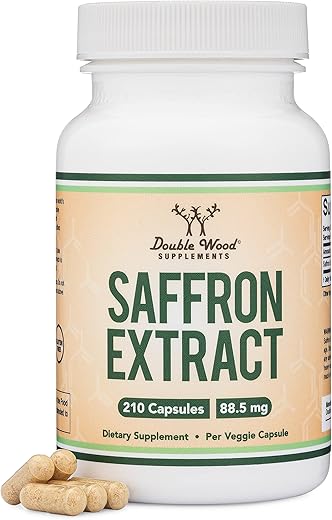 Double Wood Supplements - Suplemento de Açafrão para Concentração – Cápsulas Veganas de Extrato de Açafrão 88,5mg (210 Unidades) Supressor Leve de Apetite para Gerenciamento Saudável de Peso (Promove Saúde dos Olhos, Retina e Lentes)