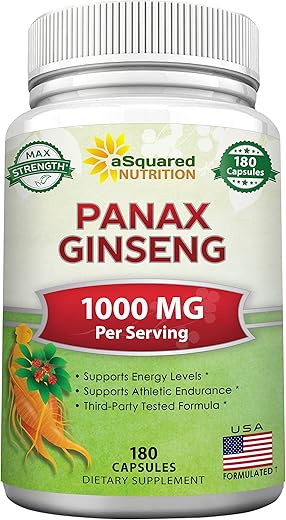 Ginseng Coreano Vermelho Panax (1000mg Máxima Potência) 180 Cápsulas Extrato de Raiz Complexo, Suplemento em Pó Asiático, Alta Dosagem de Ginsenosídeos em Sementes, Comprimidos de - aSquared Nutrition