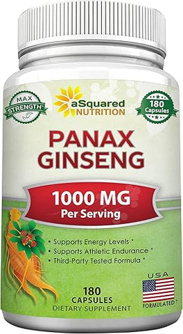 Ginseng Coreano Vermelho Panax (1000mg Máxima Potência) 180 Cápsulas Extrato de Raiz Complexo, Suplemento em Pó Asiático, Alta Dosagem de Ginsenosídeos em Sementes, Comprimidos de - aSquared Nutrition
