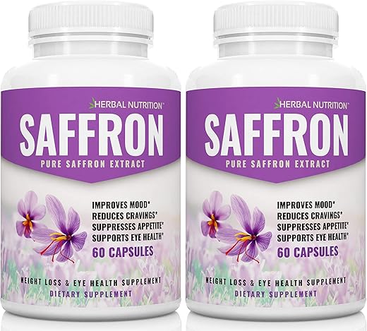 Herbal Nutrition - Saffron Extract 88.5mg 2 Pack 60 Cápsulas por Frasco 100%% Puro Extrato de Açafrão Natural Promove o Bem-Estar, Perda de Peso e Saúde Ocular