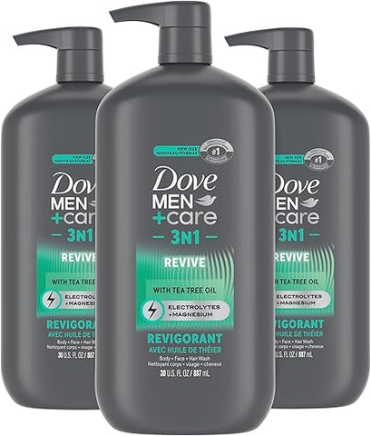 DOVE MEN + CARE - DOVE MEN CARE Body and Face Wash Revigorante Revive 3 em 1 3 Unidades com Óleo de Melaleuca, Tecnologia Micromistura Nutritiva 24 Horas, 30 ml