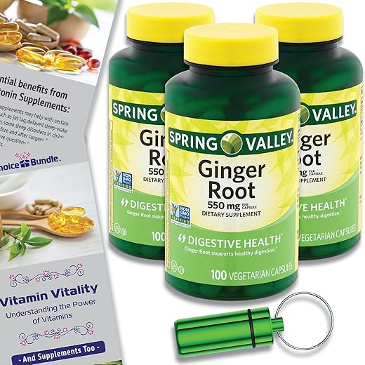 ChoiceBundle - Spring Valley Cápsulas de Suplemento Digestivo de Raiz de Gengibre 550 mg 100 Ct 3 pk Pacote Escolha (300 Total) Guia “Vitalidade Vitamínica” e Recipiente de Comprimidos (5 Itens)