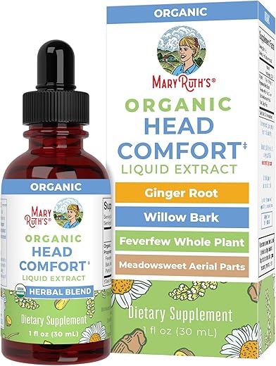 MaryRuth Organics - MaryRuth’s Extrato Líquido de Ervas para Alívio da Cabeça Orgânico USDA | Raiz de Gengibre | Casca de Salgueiro | Planta Inteira de Tanaceto | Rainha-dos-prados | Ervas Tradicionais | Não-OGM | Vegano | 30ml