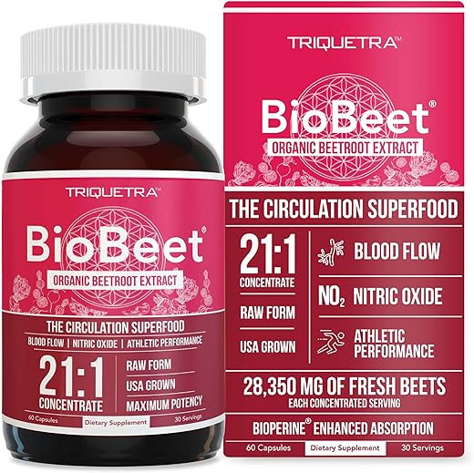Triquetra Health - BioBeet® Max Força Cápsulas de Raiz de Beterraba – Concentrado 21:1, Cada Porção Derivada de 28.350 mg de Beterraba Orgânica – Aumento da Absorção com Extrato de Pimenta Preta BioPerine®