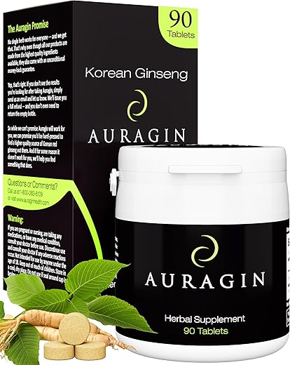 Ginseng Vermelho Coreano Autêntico – Produzido na Coreia – Raízes de 6 Anos – Sem Aditivos ou Outros Ingredientes – 100% Ginseng Panax Vermelho em Cada Comprimido - Auragin