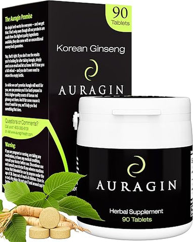 Ginseng Vermelho Coreano Autêntico – Produzido na Coreia – Raízes de 6 Anos – Sem Aditivos ou Outros Ingredientes – 100% Ginseng Panax Vermelho em Cada Comprimido - Auragin