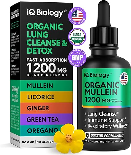 IQ BIOLOGY - Gotas de Mullein para os Pulmões – Mullein Leaf Nettle Leaf Extrato Orgânico Certificado pelo USDA – Limpeza dos Pulmões e Suporte Respiratório – Suporte Respiratório e Imunológico