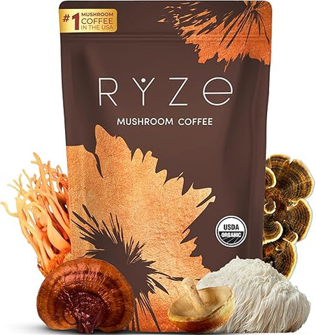 RYZE SUPERFOODS - RYZE Café de Cogumelo | 6 Cogumelos Adaptogênicos | Café Instantâneo | Melhor Energia, Foco, Digestão, Imunidade | Cultivado Organicamente nos EUA | Cordyceps, Cabeça de Leão, Shiitake, Reishi | 100% Natural